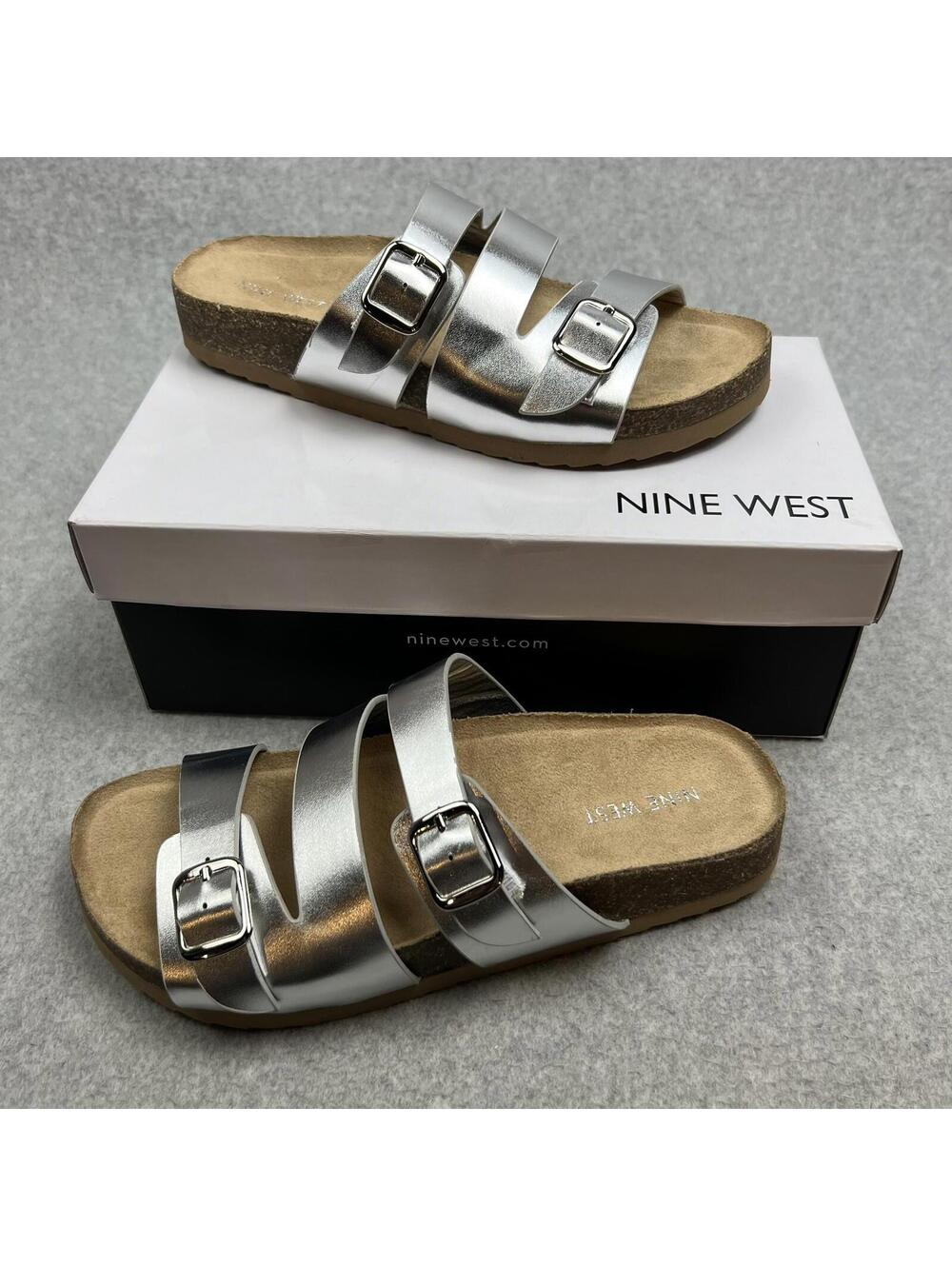Nine West Sandals Womens Size 7.5 Sliver Crisscross Strap Cork soles adjustable